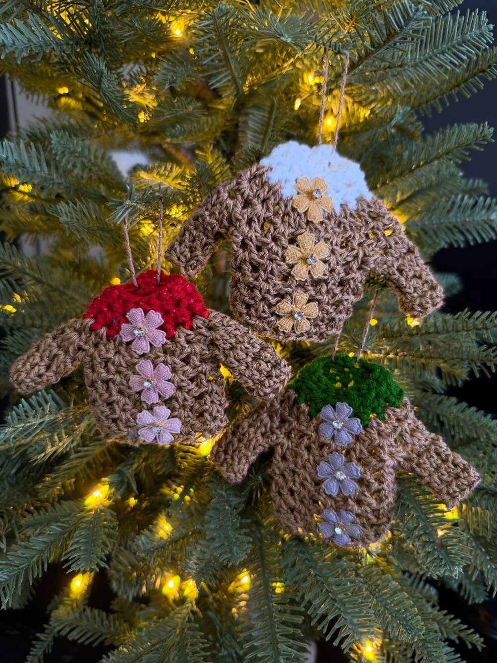 Handmade Crochet Ugly Christmas Sweaters Hanging Sparkly Ornaments Set of 3